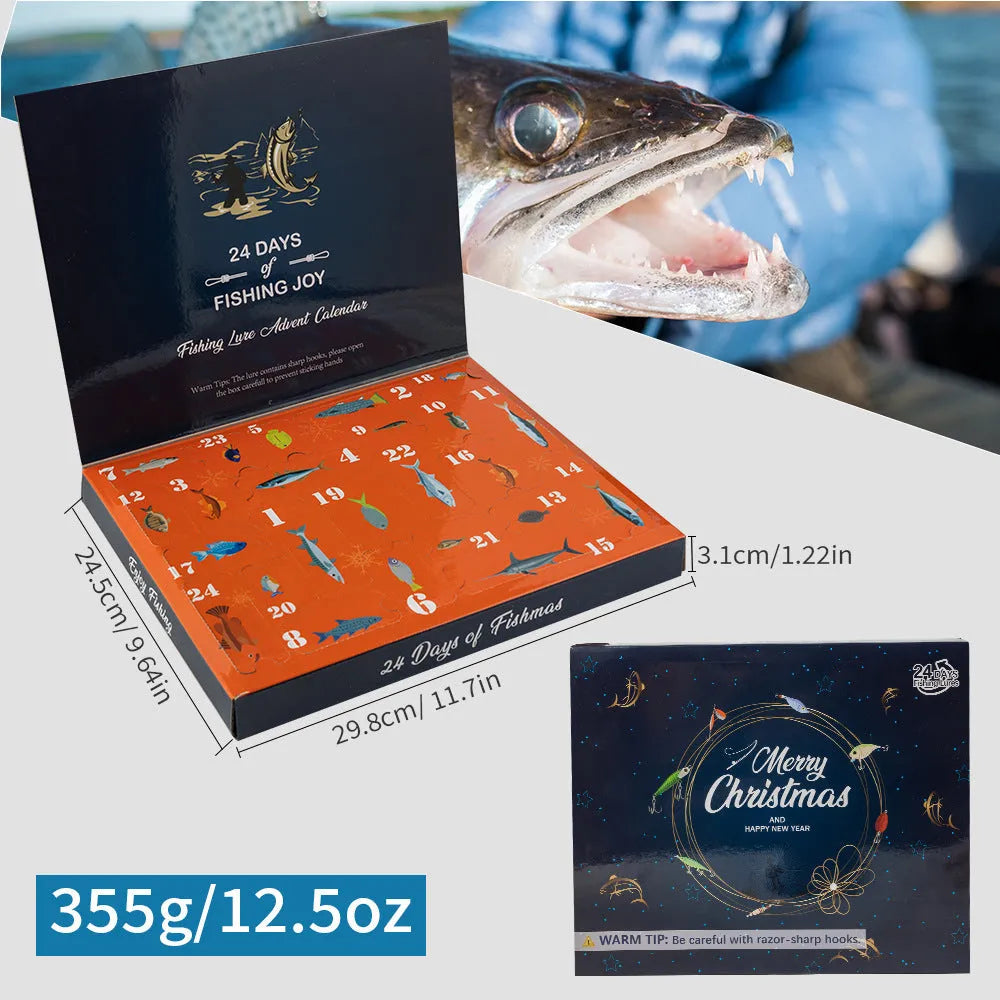 Blind box containing 24 metal Christmas Mino Bog fishing lures in a silver and red colour scheme