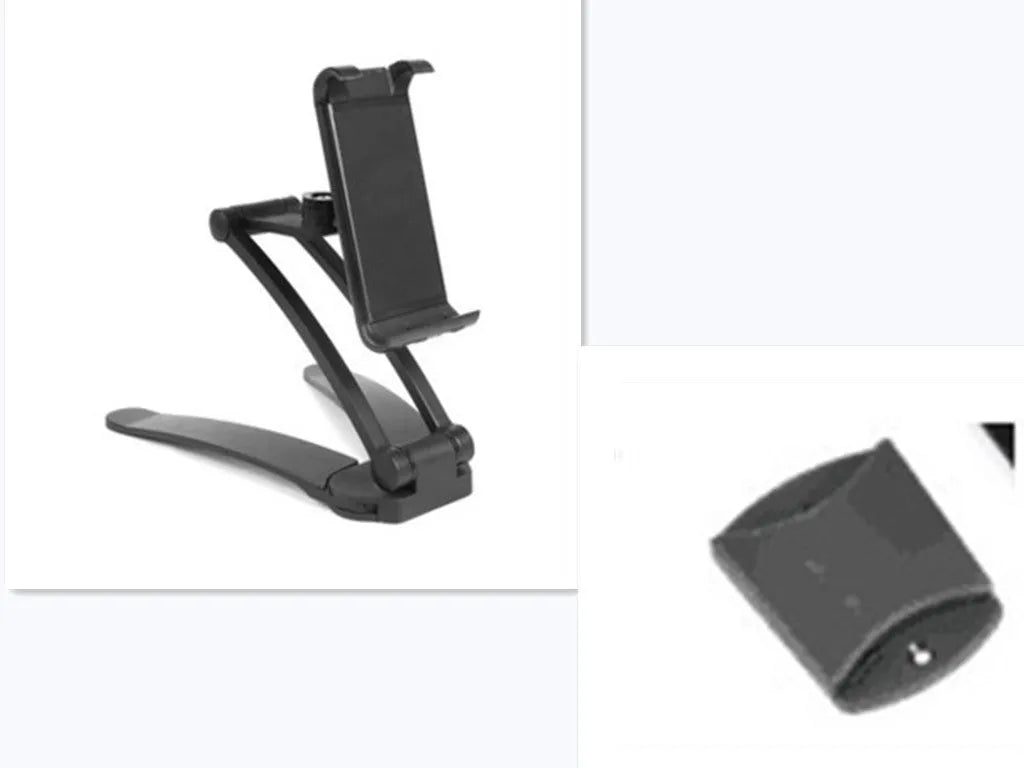 Silver aluminium desktop tablet stand holding a tablet, showing 360-degree rotation and dual adjustable clip design.