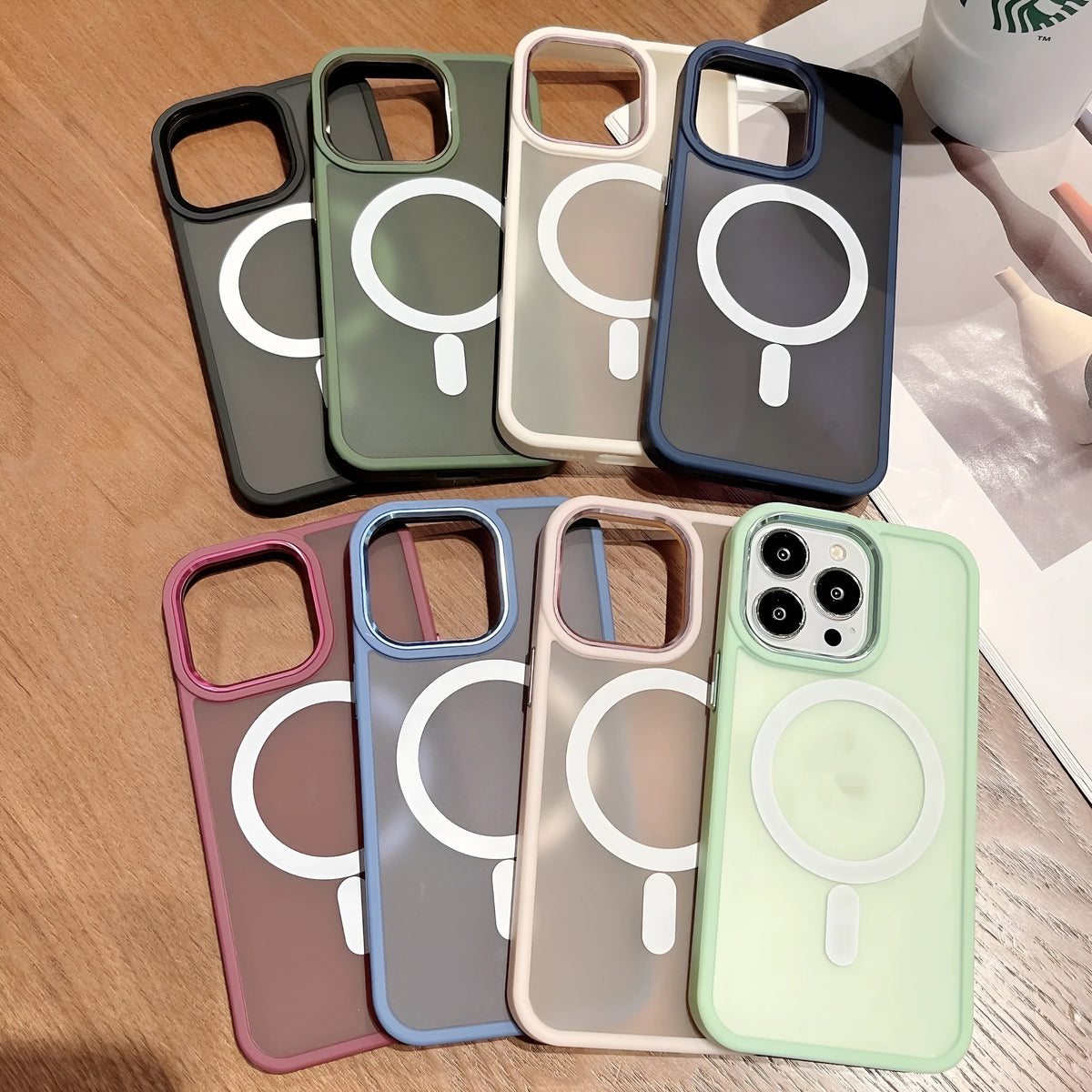 Magnetic matte phone case for iPhone 11-15 Pro Max in black, pink, green, blue, white and transparent
