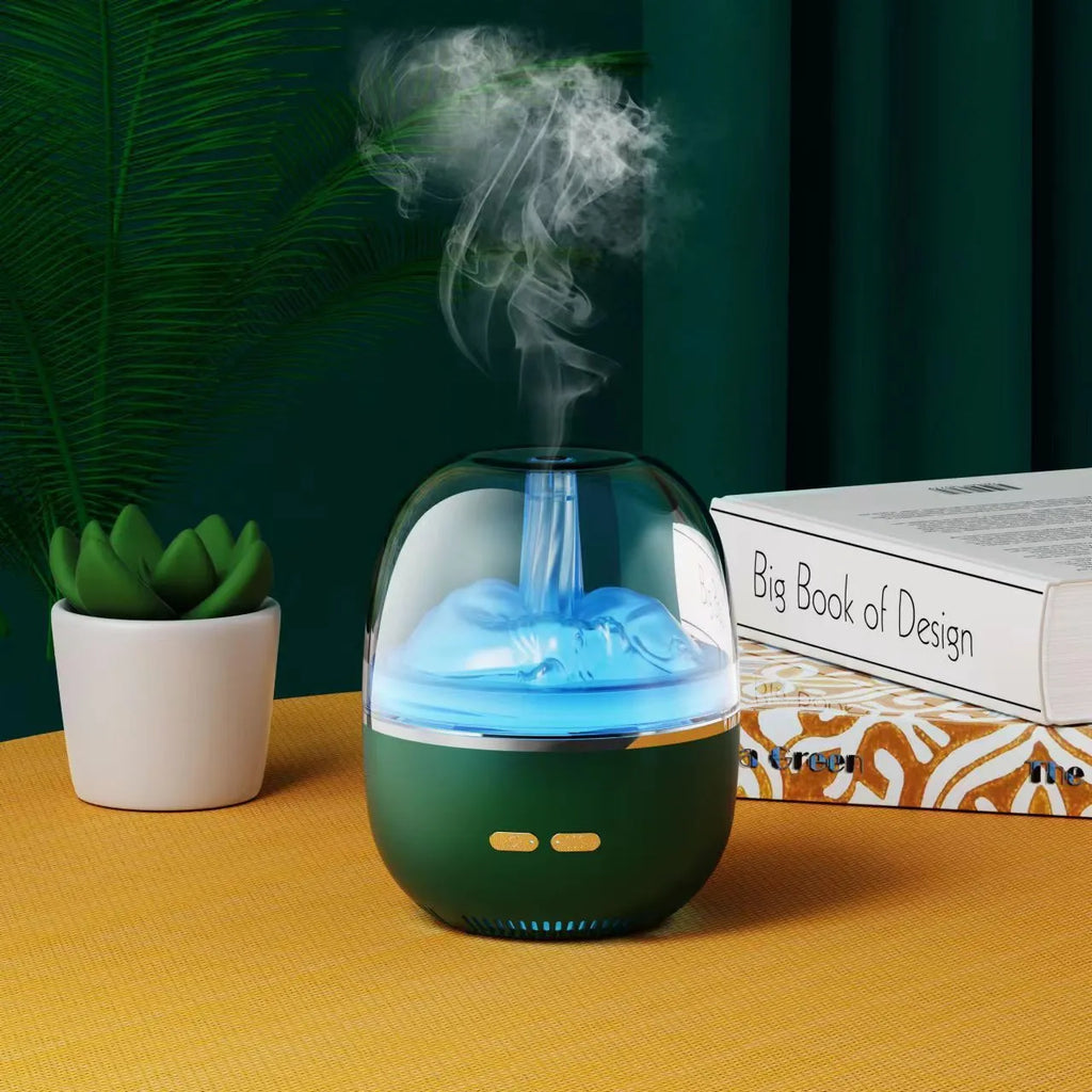 Green ultrasonic aromatherapy humidifier with heavy fog and colourful gradient light on a desk