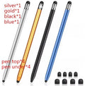 A two-in-one metal touch screen stylus pen shown in various colours including black, silver, blue, and pink.