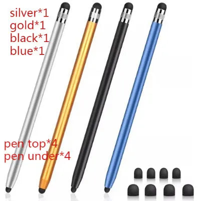 A two-in-one metal touch screen stylus pen shown in various colours including black, silver, blue, and pink.