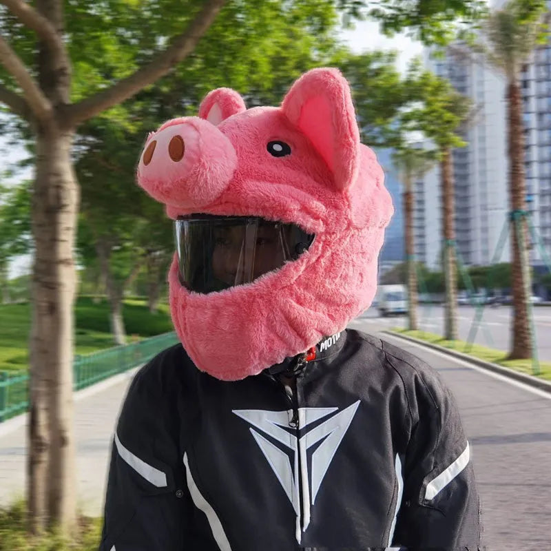 Pink pig cartoon plush protective hood cover for an average-sized motorcycle helmet.