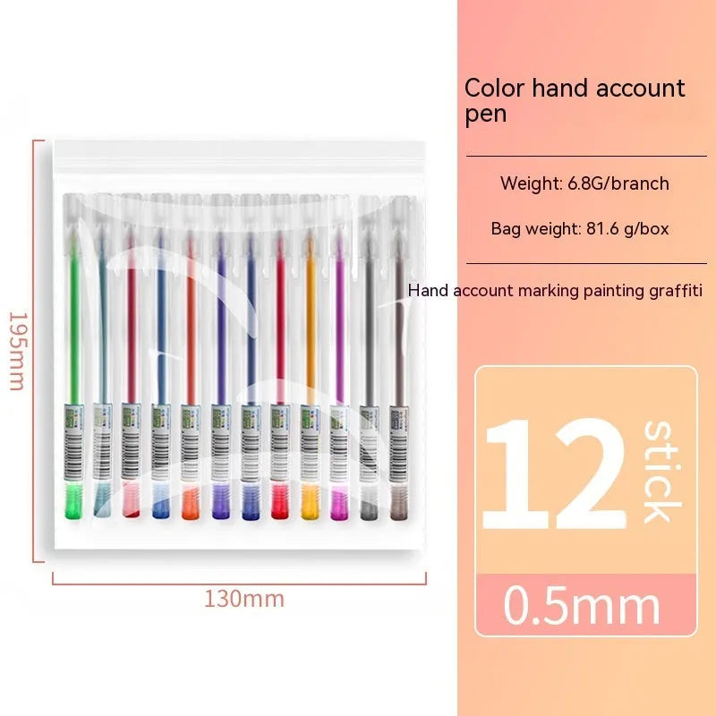 Set of 12 coloured gel pens with 0.5 mm tips in a box, plastic barrel stationery