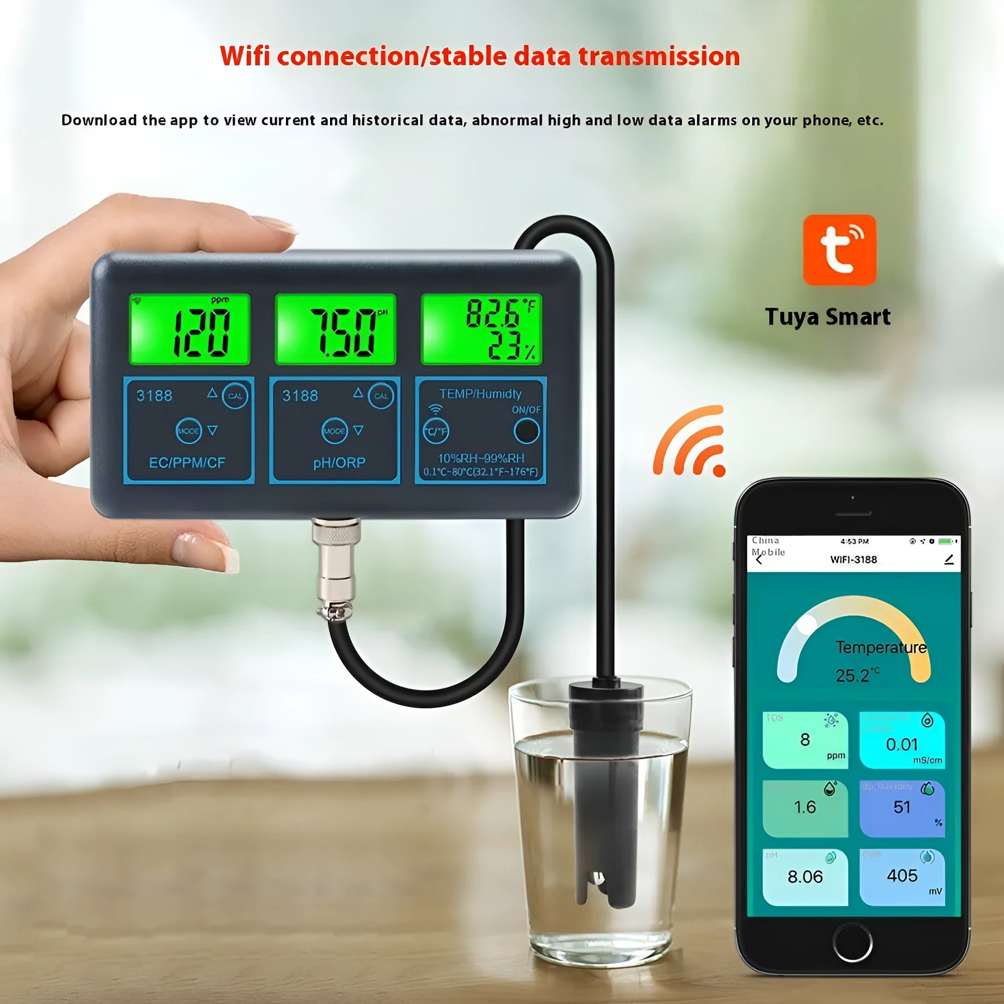 7-in-1 WiFi water quality monitor in black with Graffiti app interface showing EC TDS pH ORP temperature data