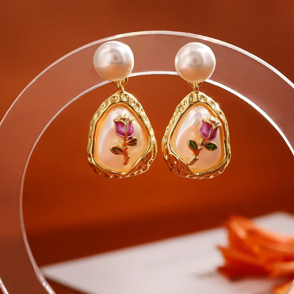 Rose baroque pearl stud earrings copper base pearl inlay geometry shape