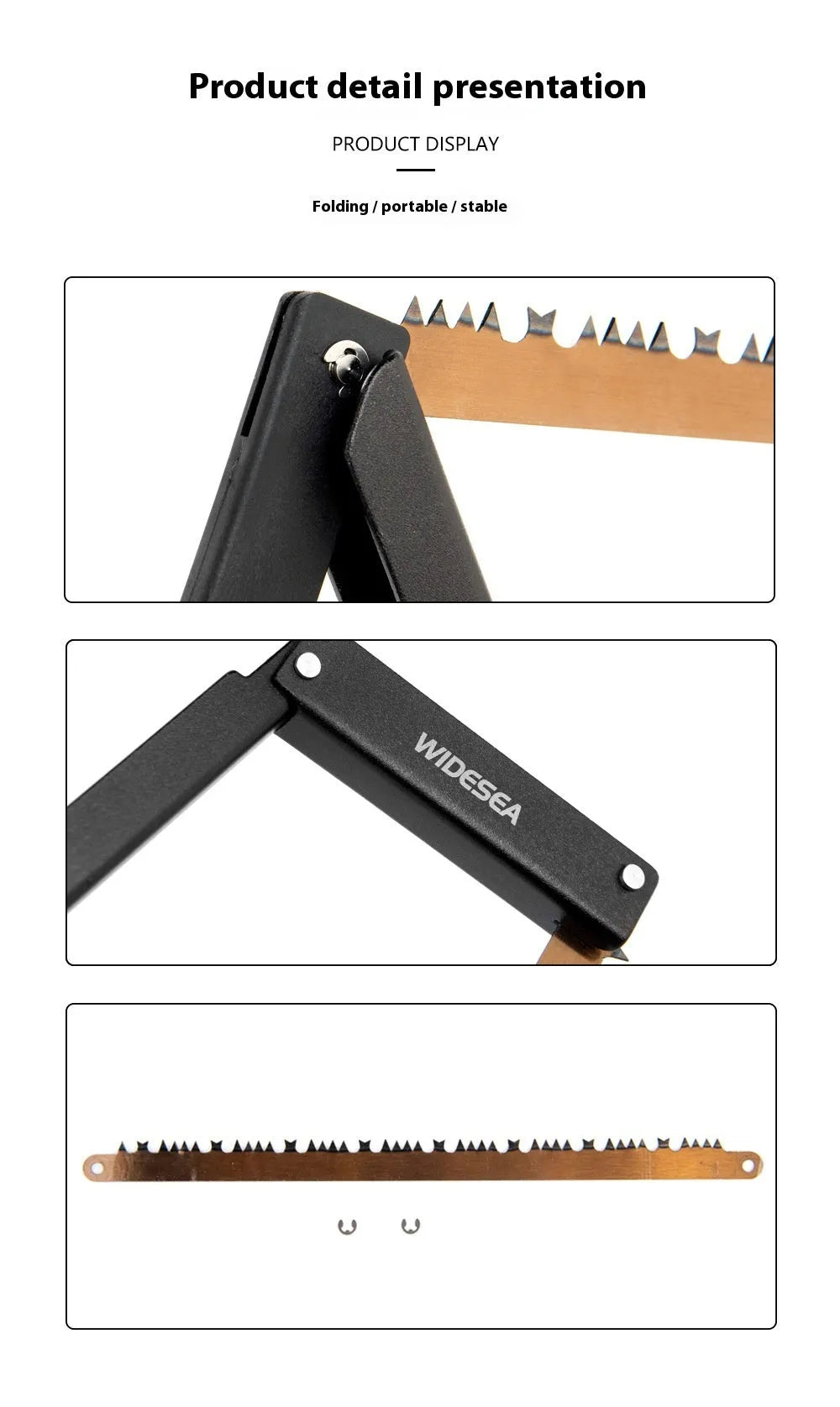 Black foldable outdoor survival saw with aluminium and nylon frame, showing folded design.