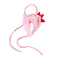 Grey dinosaur-themed cat headband toy with big eyes, a feather teaser, and an adjustable strap for hands-free play.