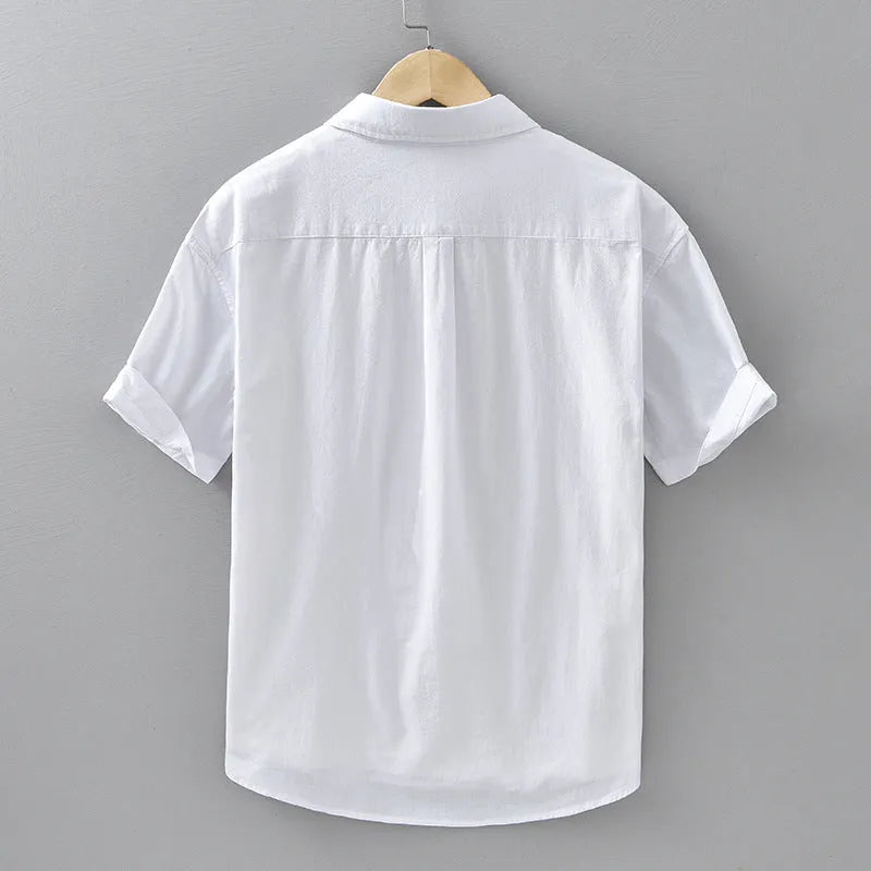 Summer menswear casual short-sleeved cotton shirt in loose cardigan style, white, pure cotton