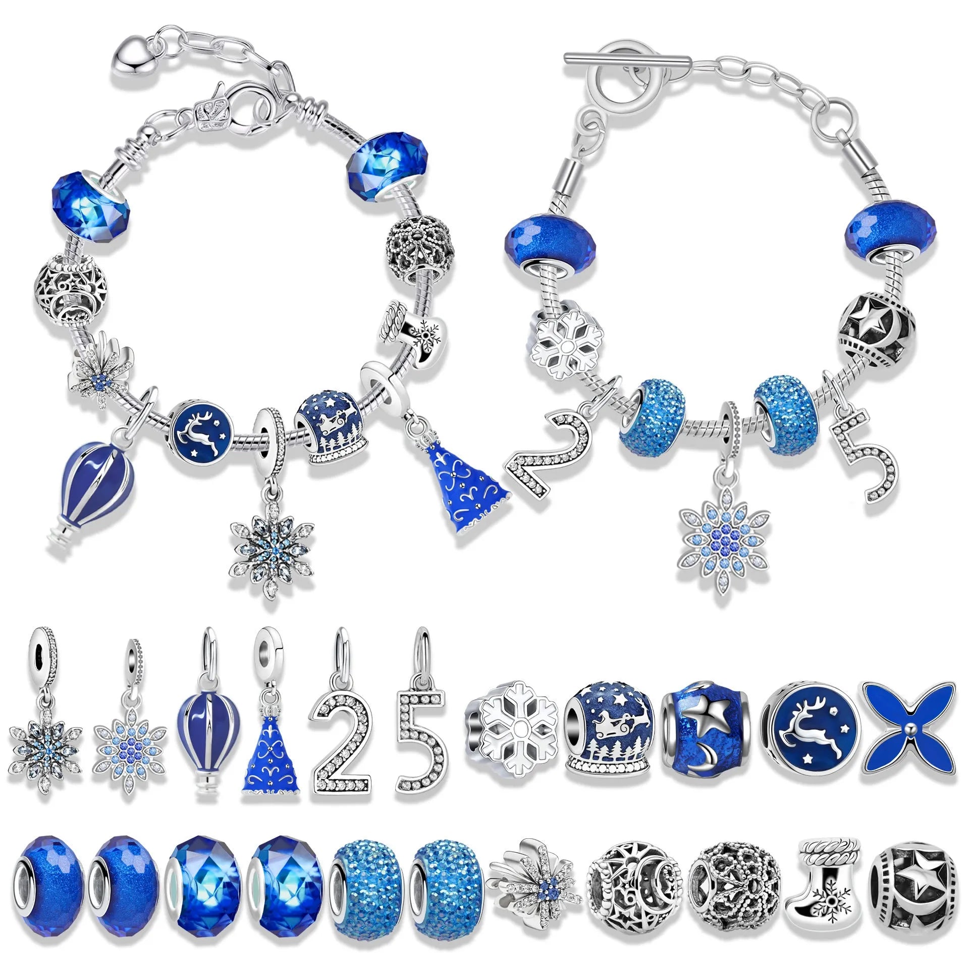 24 grid Christmas advent calendar in blue with flip doors and zinc alloy bracelet blind boxes