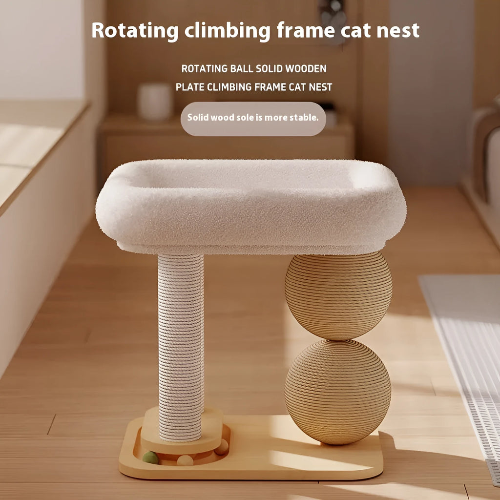 Solid pine cat nest with a round plush bed and two sisal-wrapped scratching balls on wooden columns
