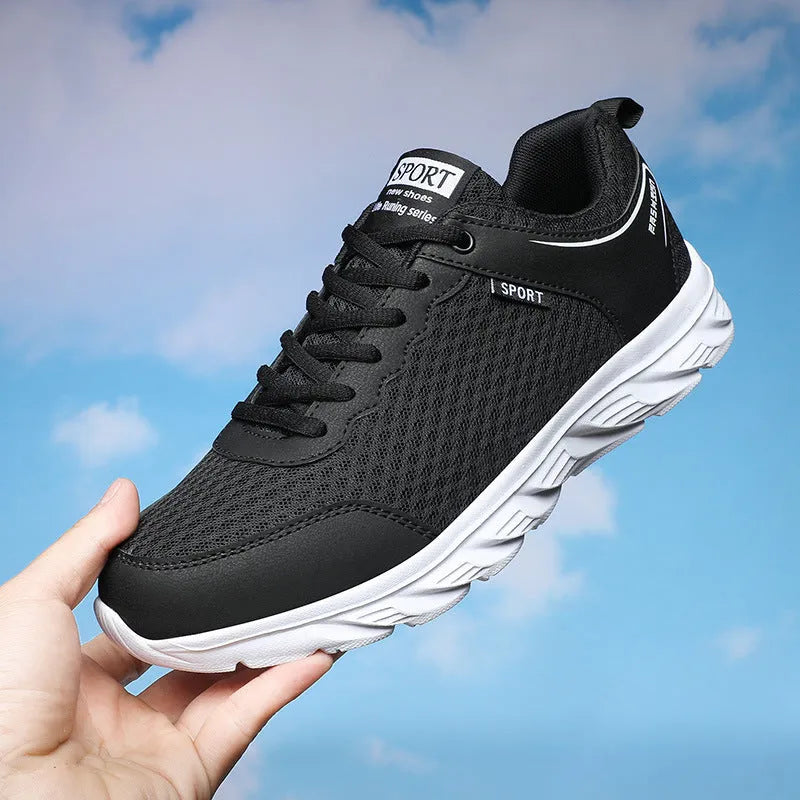 Men's mesh sports shoes with MD soft sole in black, light grey or black and white, sizes 39-46