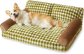 Checkered pet couch bed for small dogs and cats on a wooden floor, showing its raised design and removable cover.