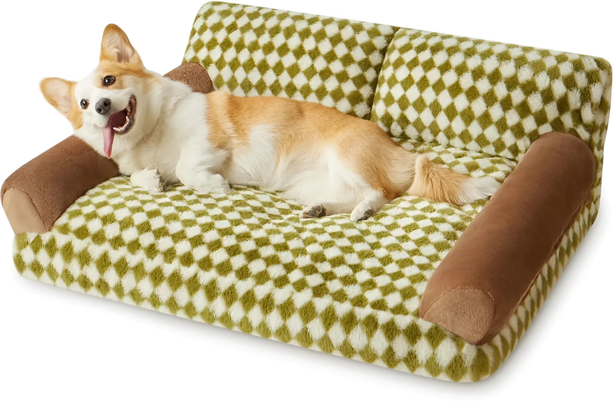 Checkered pet couch bed for small dogs and cats on a wooden floor, showing its raised design and removable cover.
