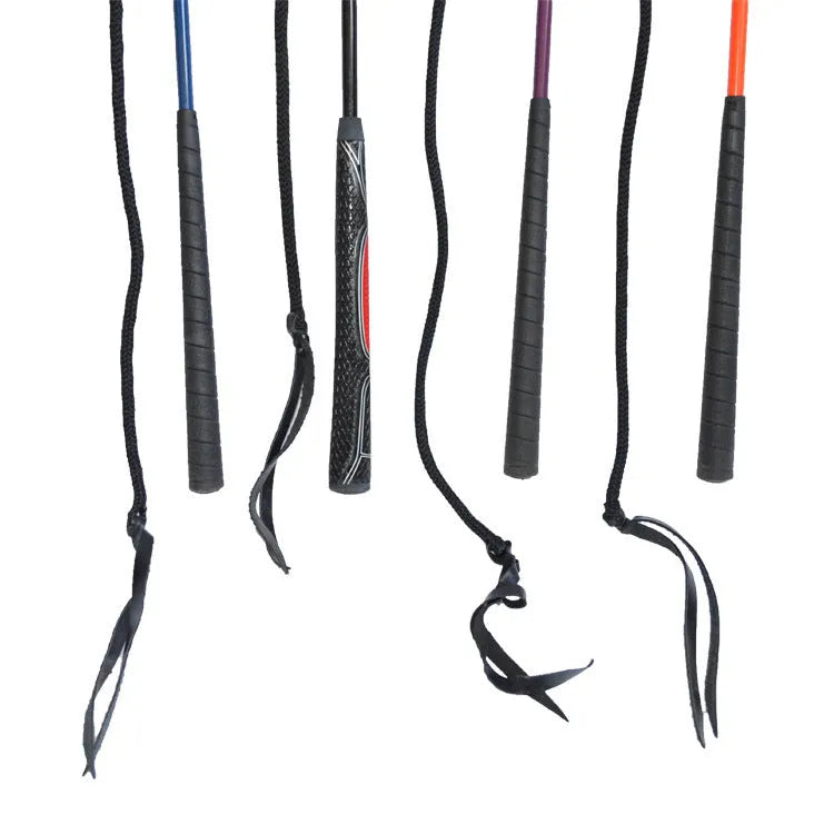 Advanced nylon and fibre glass training whip for horse riding, approximately 100-110cm long.