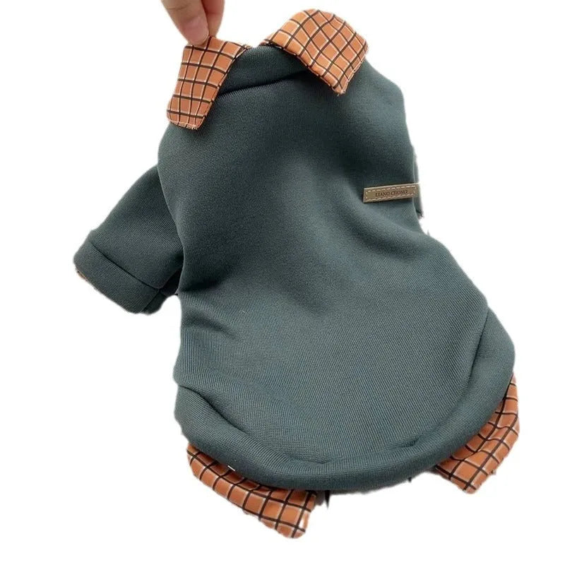 Two-piece grey dog sweater with detachable collar hoodie on canine model showing adjustable design