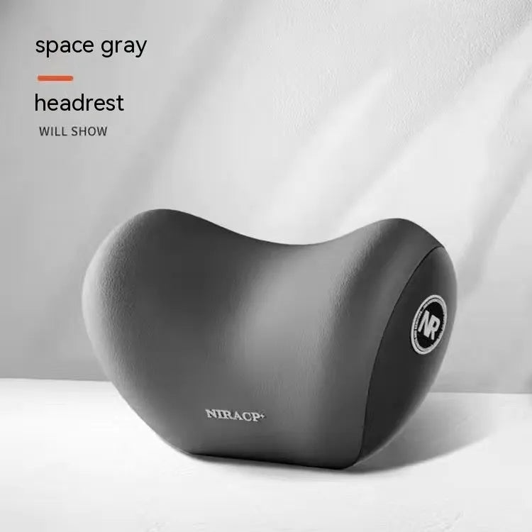 Black memory foam car headrest pillow and matching lumbar support pillow with a milk silk cover.