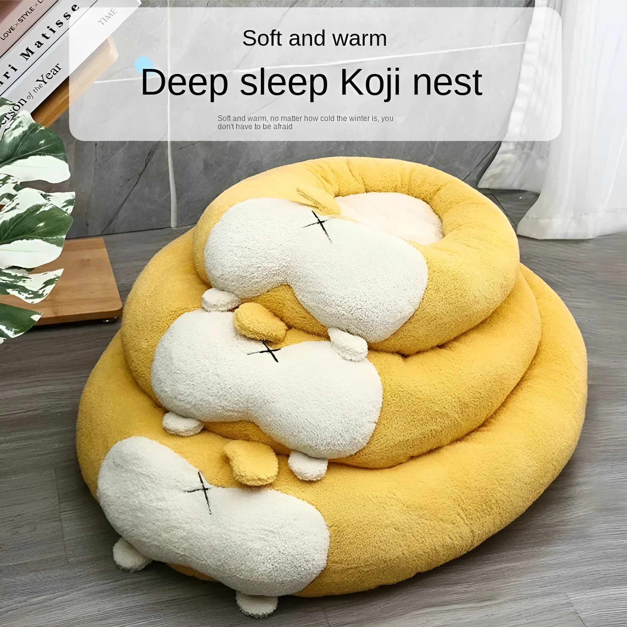 Corgi shaped plush pet bed for dogs and cats with raised edges.