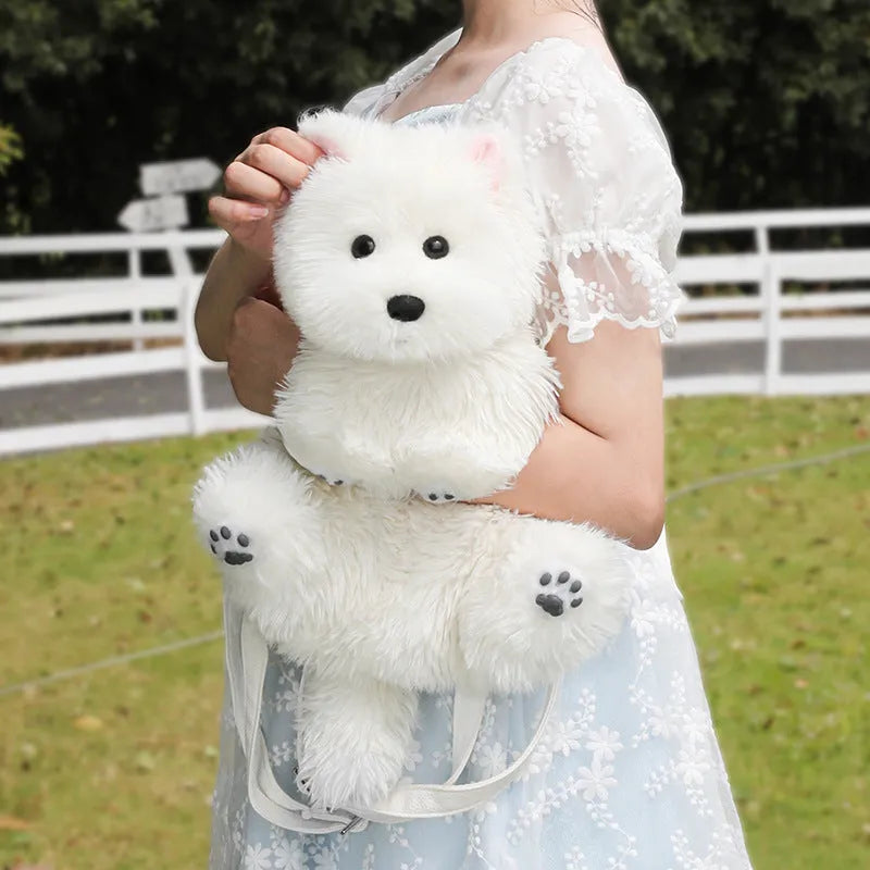 West Highland simulation plush dog wearing a JK plaid blue scarf in gift box packaging