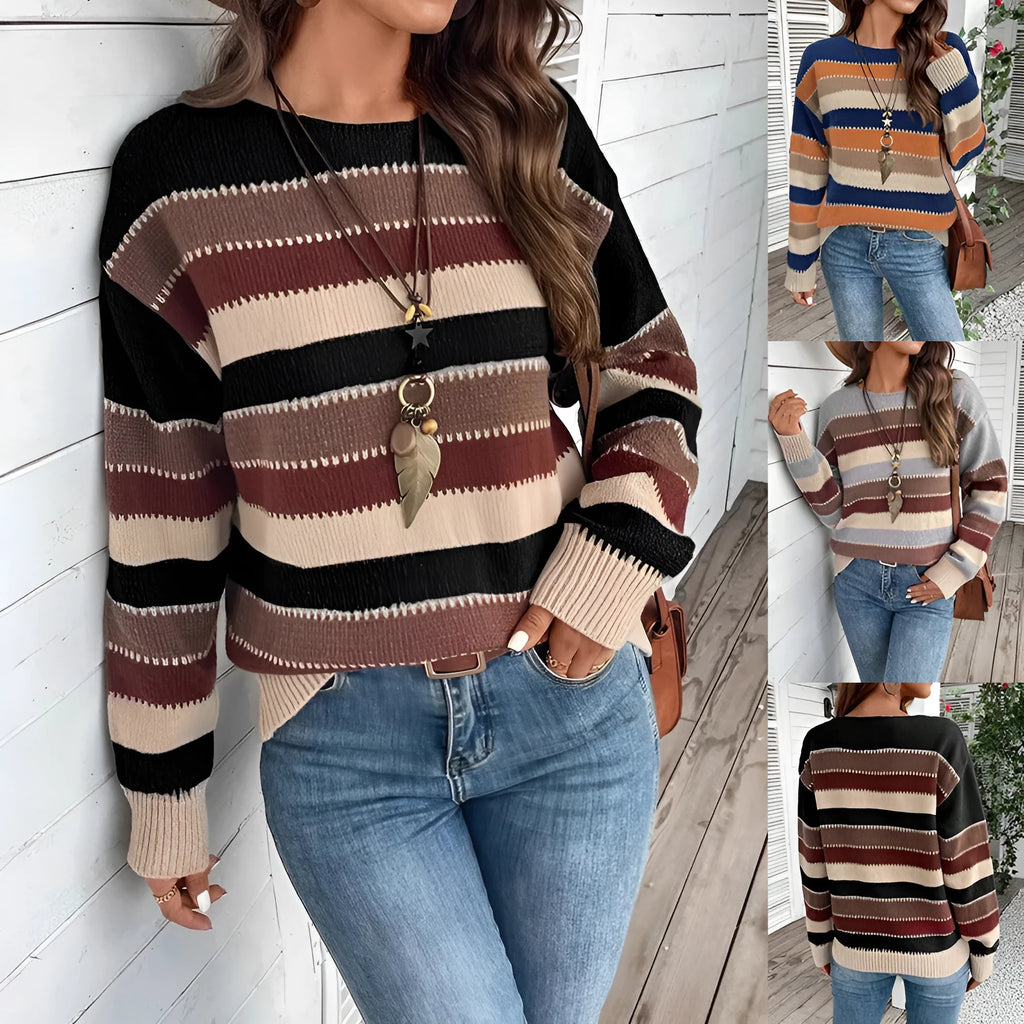 Women's polyester striped pullover sweater with colourblock design and long sleeves