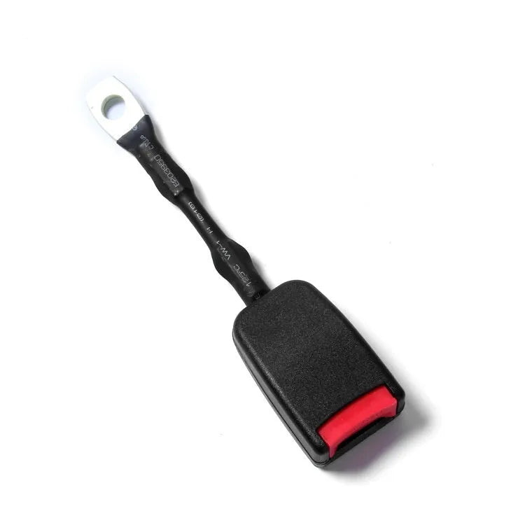 Car seat belt safety buckle with 20cm long steel wire lock for 21cm wide vehicle sockets.
