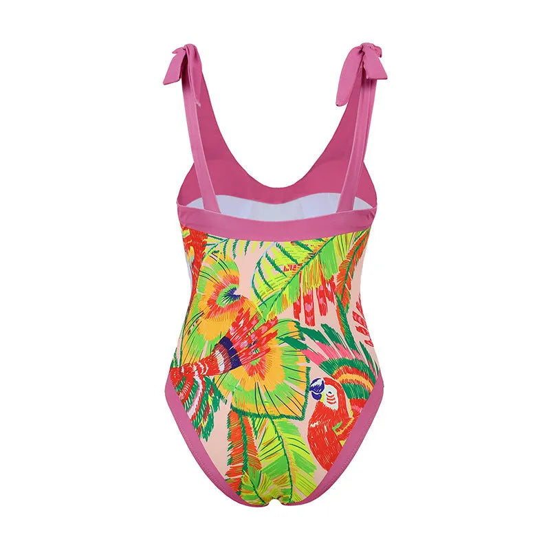 Retro floral print one-piece swimsuit with V-neck, covered belly, and attached thin skirt in pink