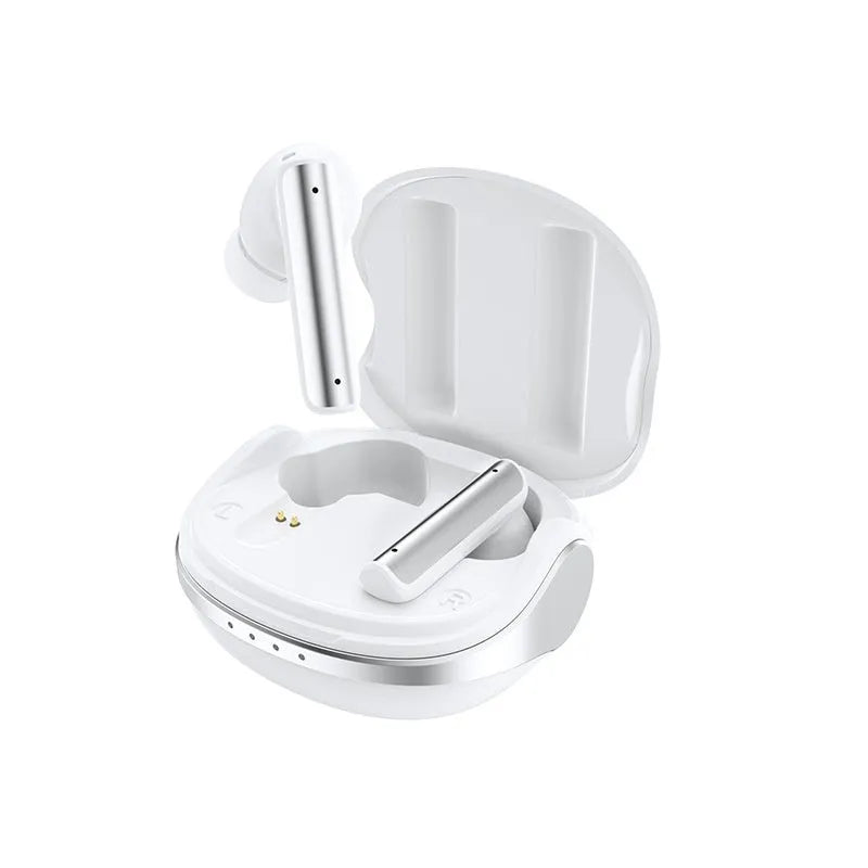 P60PRO wireless Bluetooth earphone in milky white with metal housing and charging case