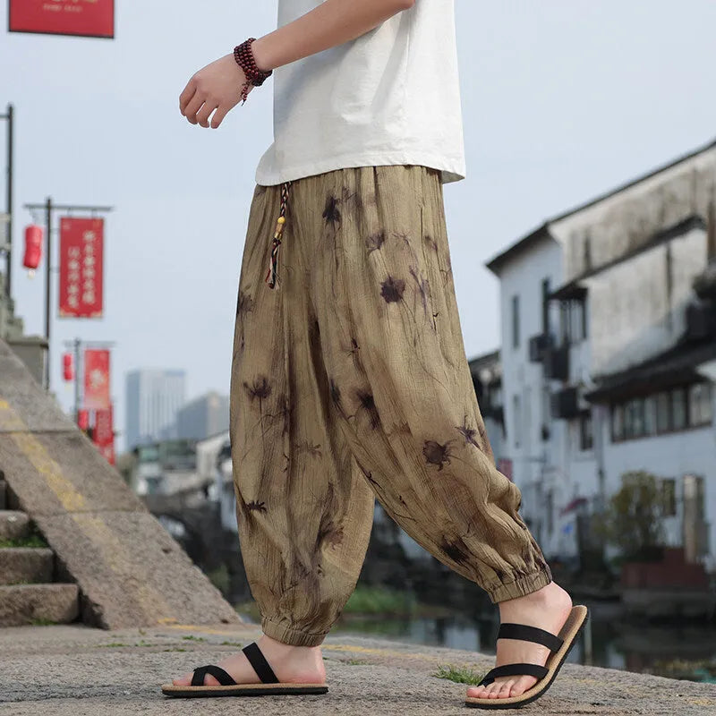 Summer men's thin breathable casual pants in khaki, polyester, micro elastic, leisure trousers