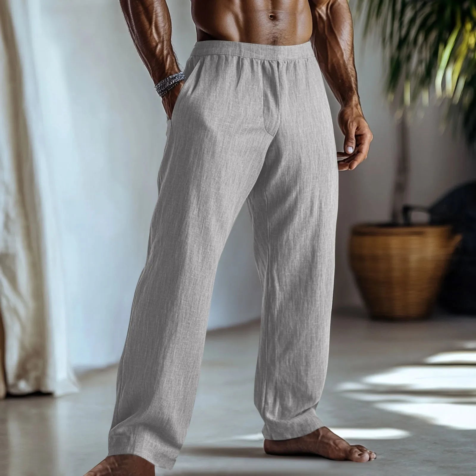 Cotton and linen straight-leg casual trousers in British style with multiple colour options