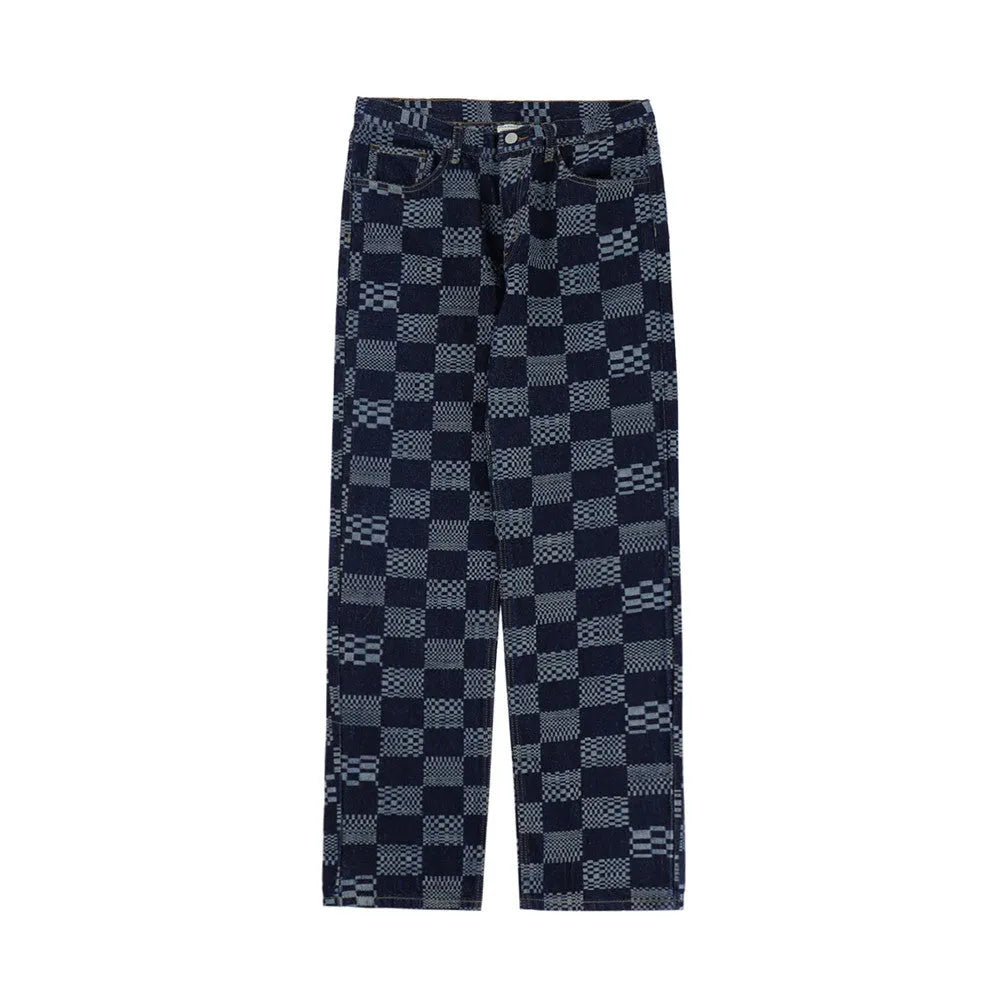 Fashion checkerboard jacquard jeans for men, straight loose fit cotton, black colour, size S to XL