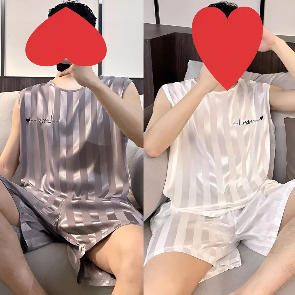 Men's ice silk vest and shorts summer pajama set in black, sleeveless with embroidery, on a plain background.