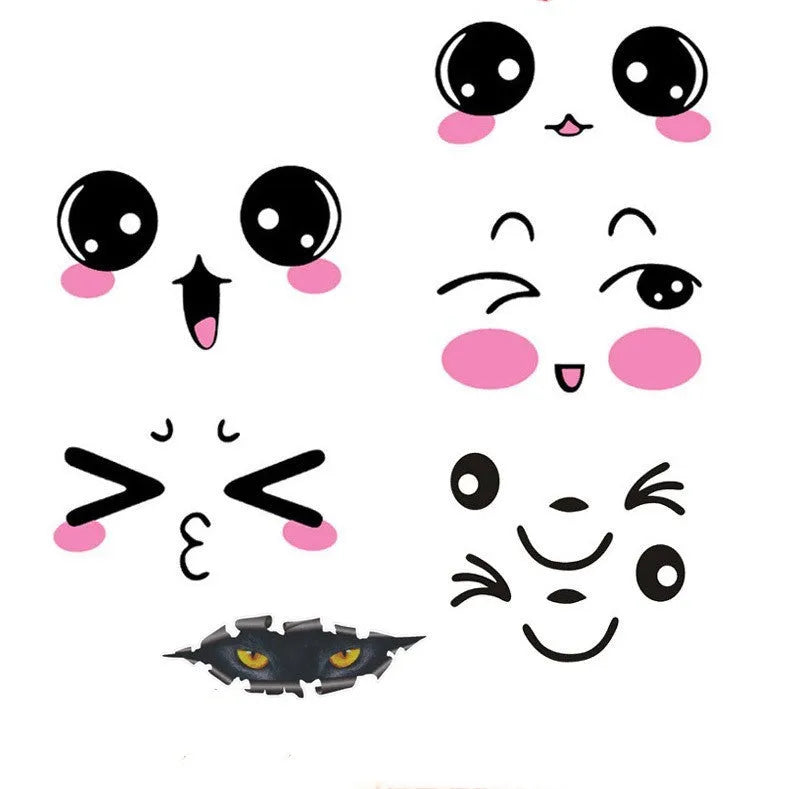 A pair of reflective cartoon eye car stickers made from PET vinyl, designed for vehicle body or rearview mirror.