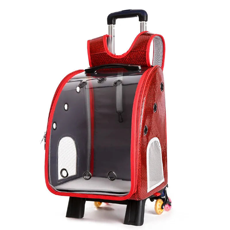 Blue transparent folding pet trolley bag with Oxford cloth backpack for small dogs.