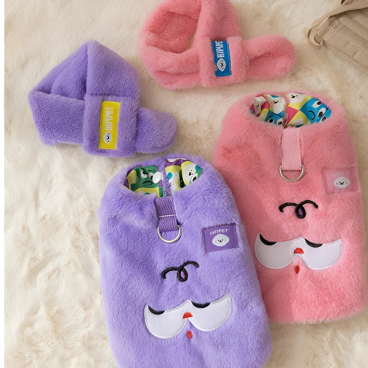 Autumn winter dog hoodie with cute bear design and scarf in pink or purple, sizes XS to XXL