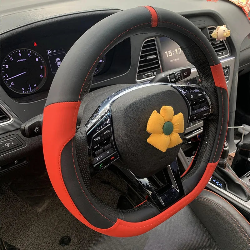 Genuine leather universal steering wheel cover in red, shown on a 38cm car steering wheel.