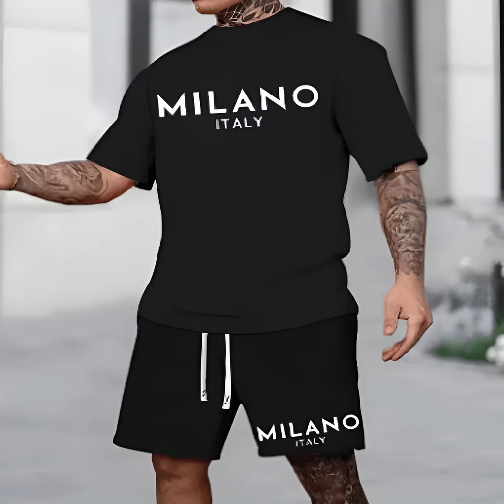 Men's light blue polyester short sleeve pullover top and matching shorts casual summer suit set