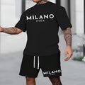 Men's light blue polyester short sleeve pullover top and matching shorts casual summer suit set