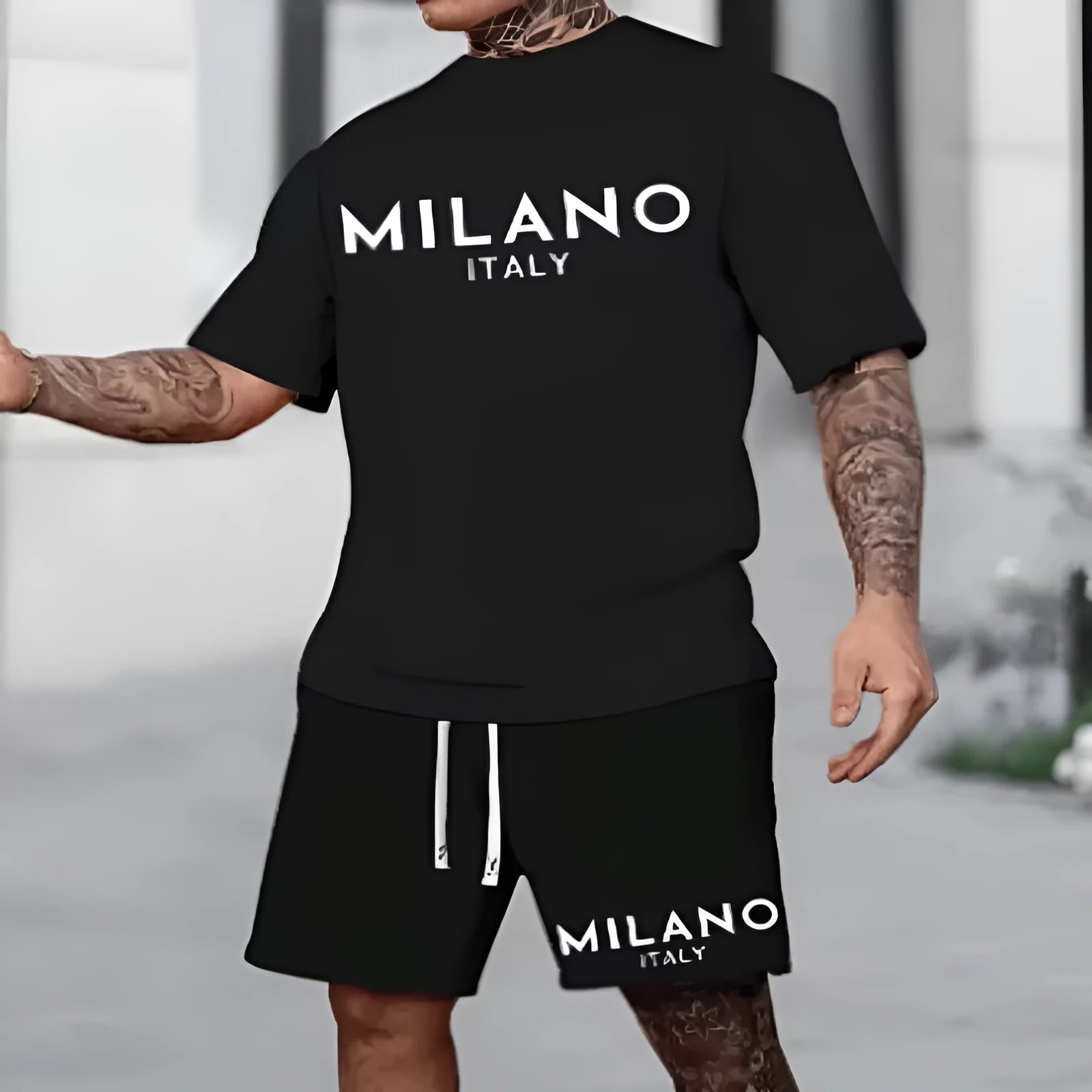 Men's light blue polyester short sleeve pullover top and matching shorts casual summer suit set
