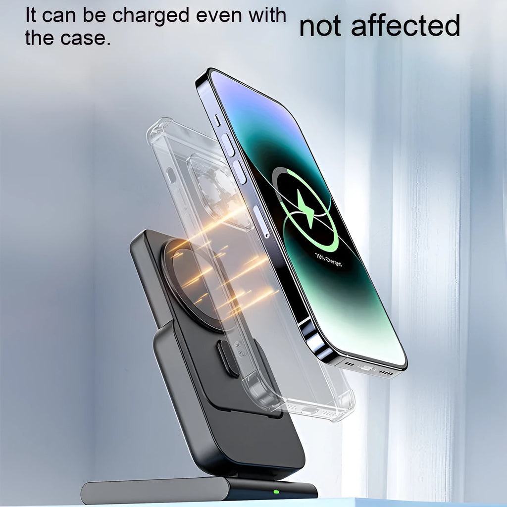 Magnetic three-in-one power bank with 5000mAh capacity, foldable bracket, charging an iPhone, Apple Watch and AirPods