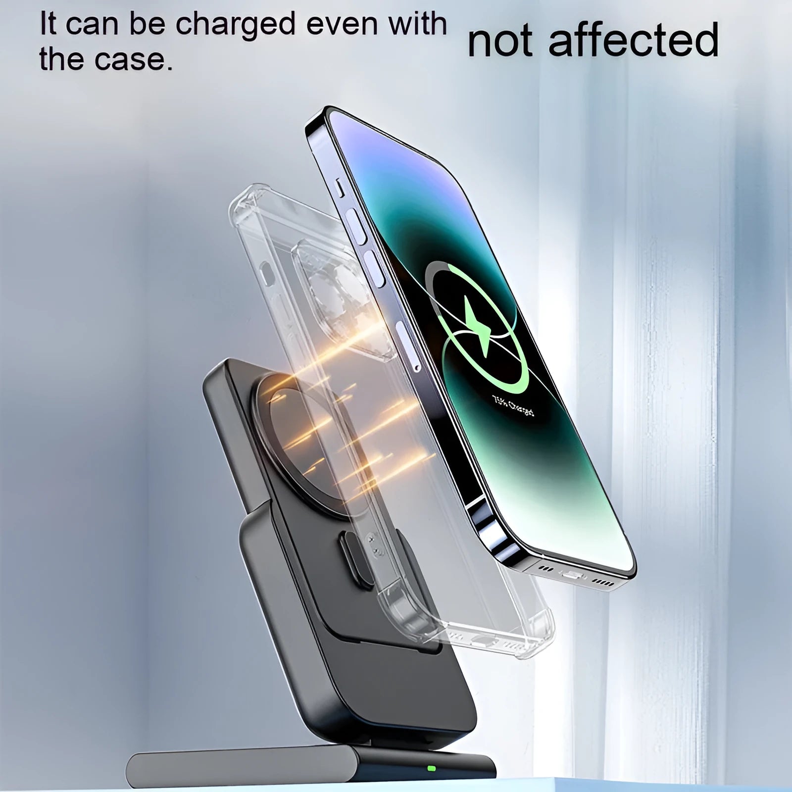 Magnetic three-in-one power bank with 5000mAh capacity, foldable bracket, charging an iPhone, Apple Watch and AirPods