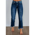 Women's solid colour denim pants with a hand-worn finish in dark blue and light blue.