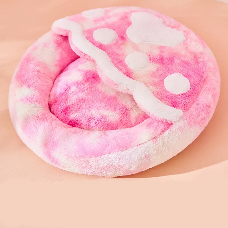 Pink plush enclosed cat bed with unicorn pattern, size S (35cm wide), for indoor pet sleep