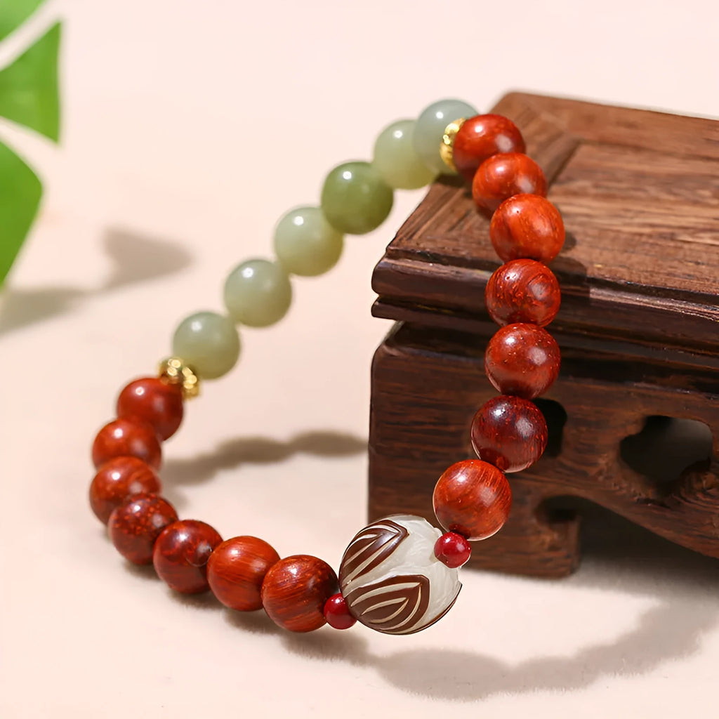 Red Rosewood and grey jade bead bracelet with Bodhi Lotus design, Chinese style for women.