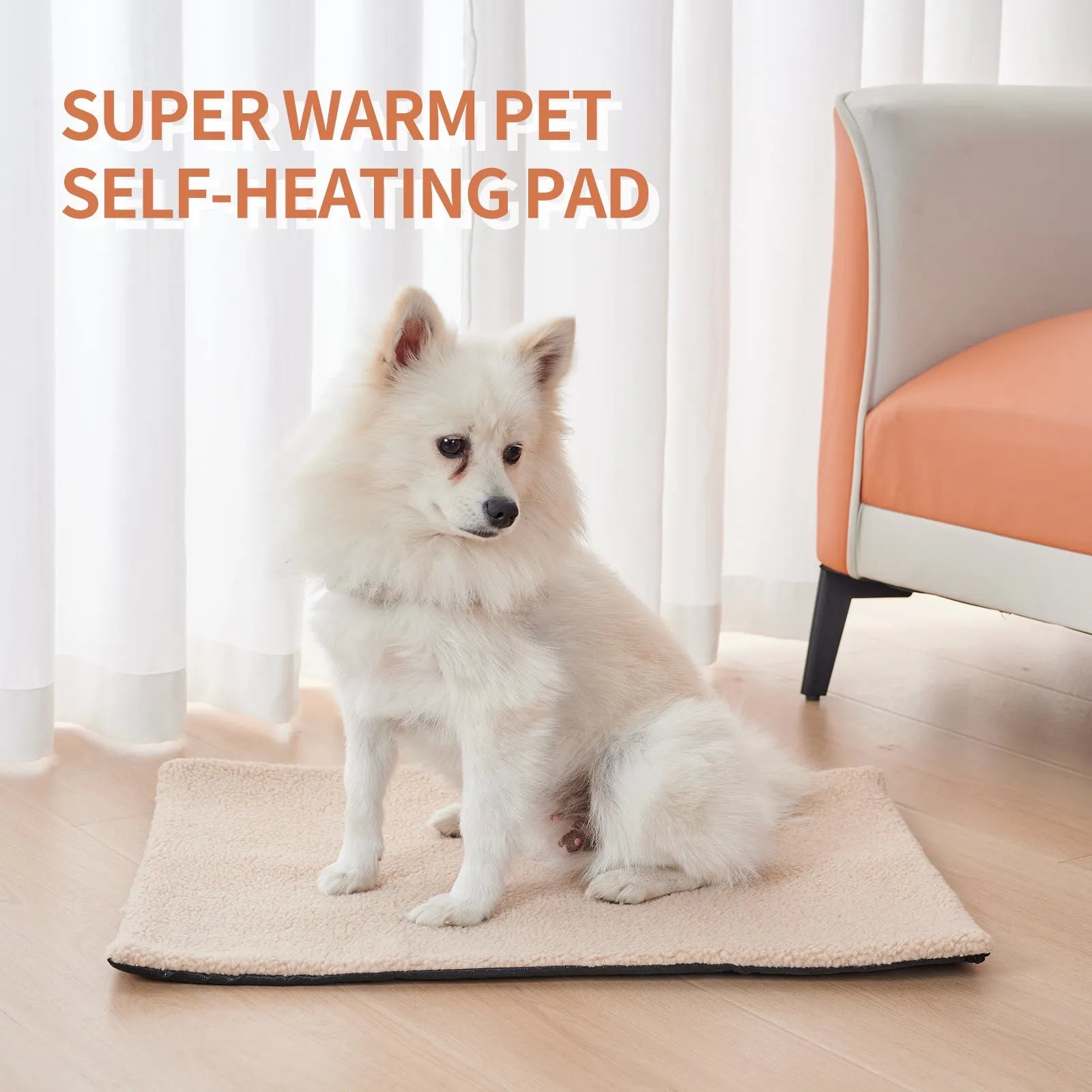 Grey self-heating plush pet bed blanket for cats on wooden floor