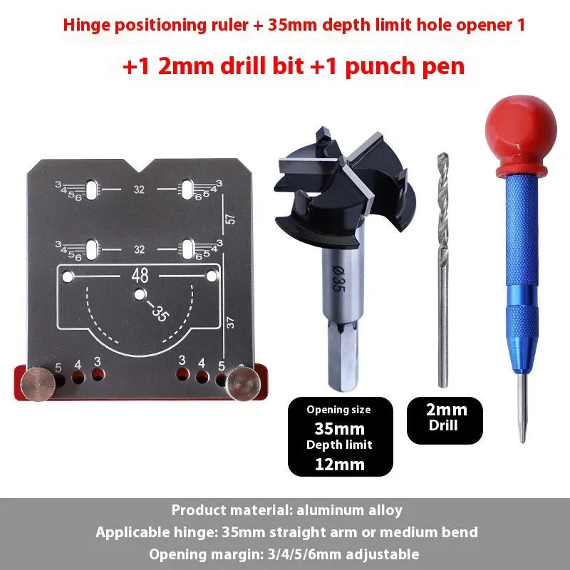 Red aluminium alloy hinge locating rule tool for 35mm cabinet hinges with adjustable margin settings