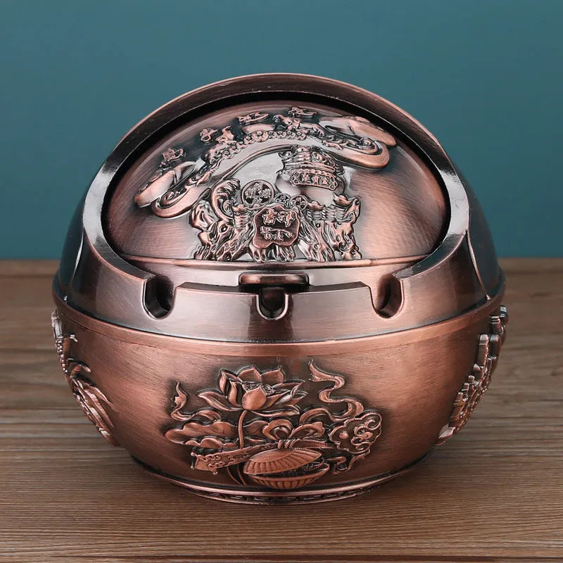 Creative bronze and red copper alloy ashtray with smoke extinguishing slot in various decorative styles.