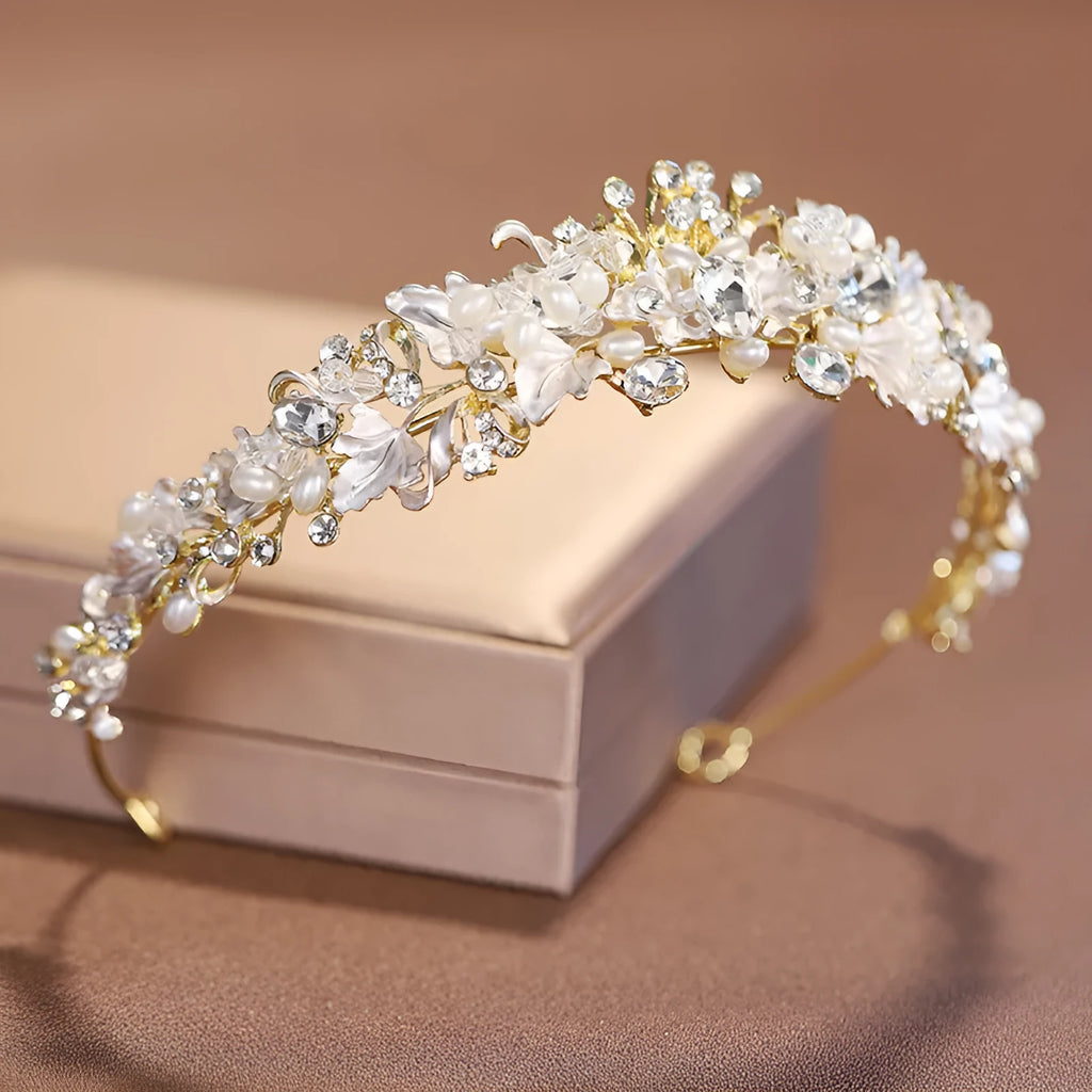 Pearl elegant crown headdress with alloy construction in gold or silver electroplated finish