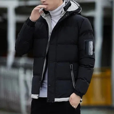 Men's casual padded polyester jacket with stand-up collar in khaki, shown with long sleeves and zipped front