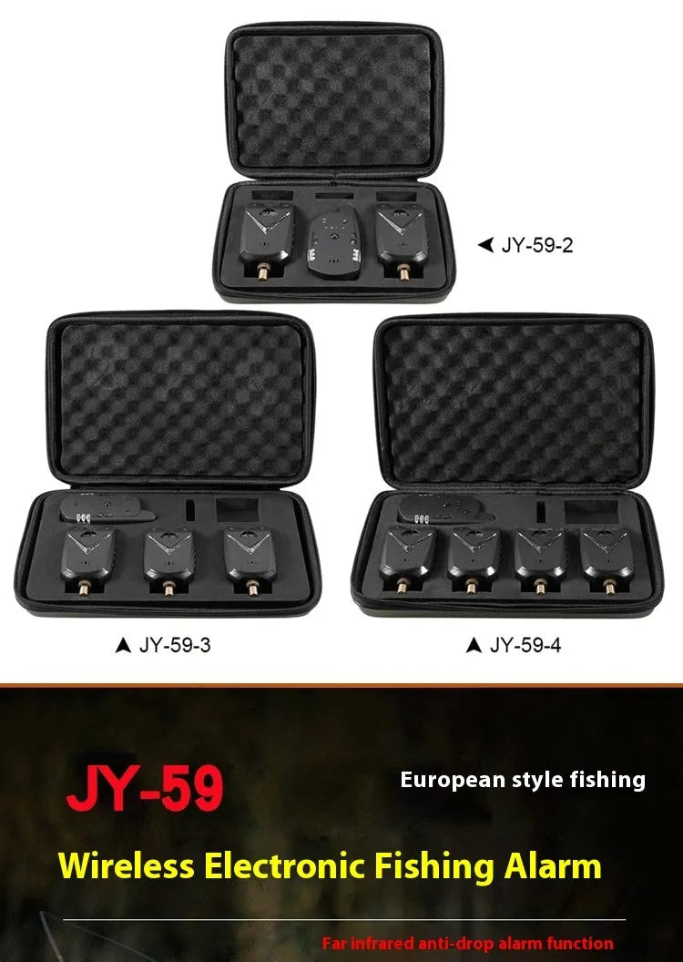 Wireless fishing electronic alarm system with transmitter and receiver units for multiple rod monitoring