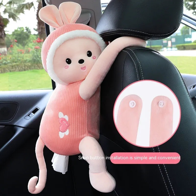 Plush car seat back-mounted tissue box holder with animal design